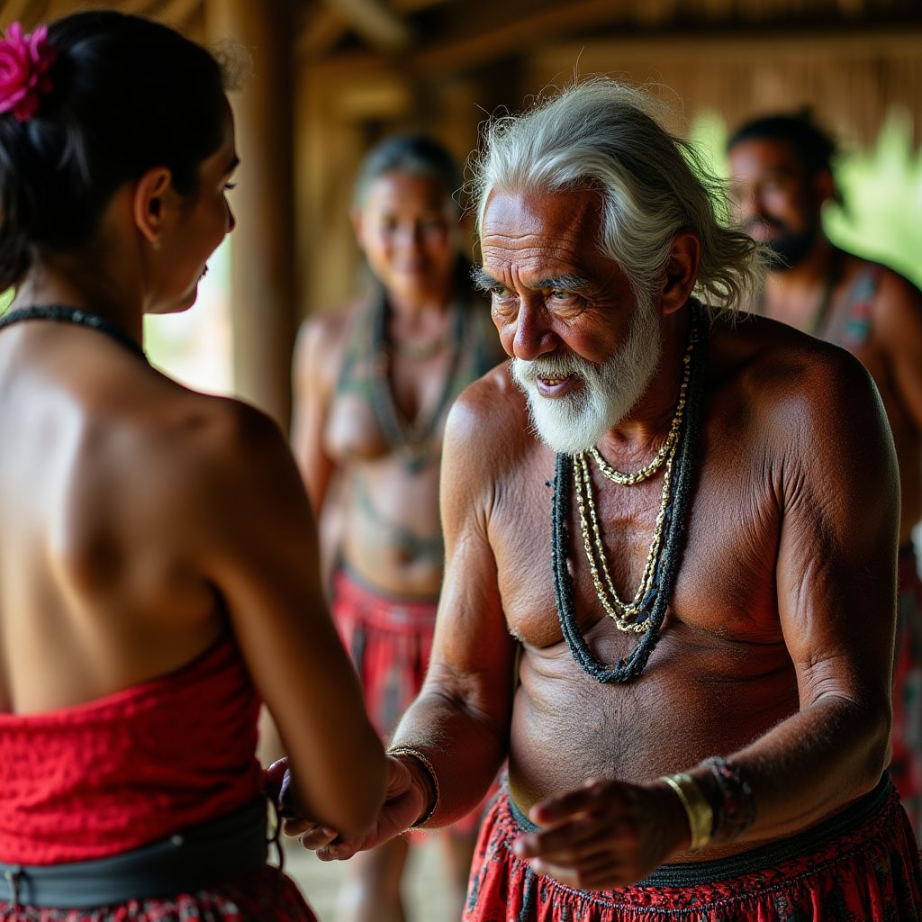 Maori elders teaching traditions to younger generation